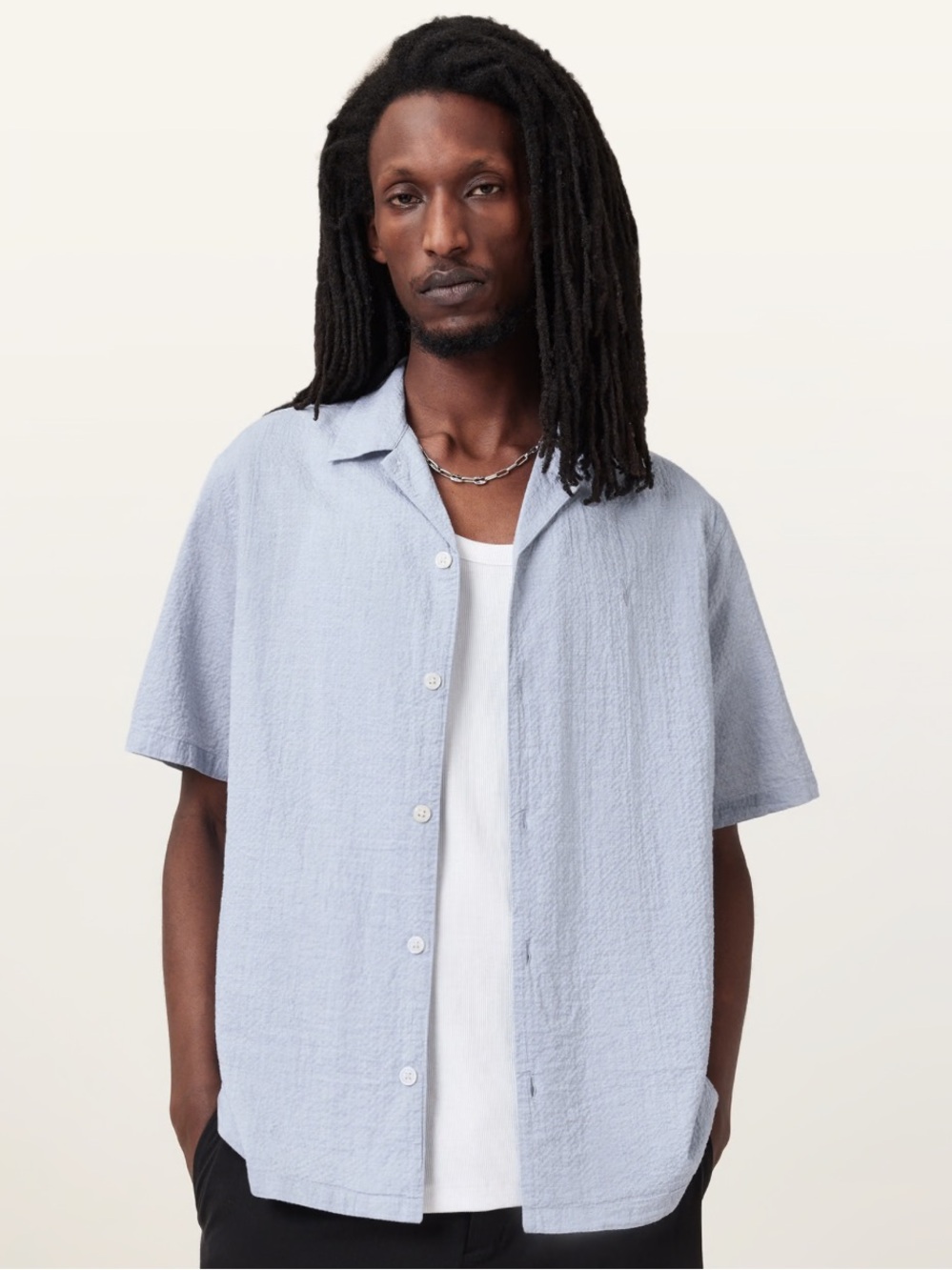 NWT ALL SAINTS VALMER MENS SHORT SLEEVE SHIRT, SIZE XXL, BLUEBERRY BLUE